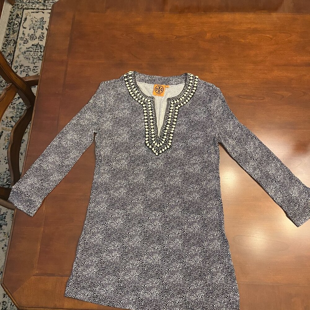 Tory Burch Blue & White Silk Beaded Print Blouse Tunic Top S - Picture 3 of 8
